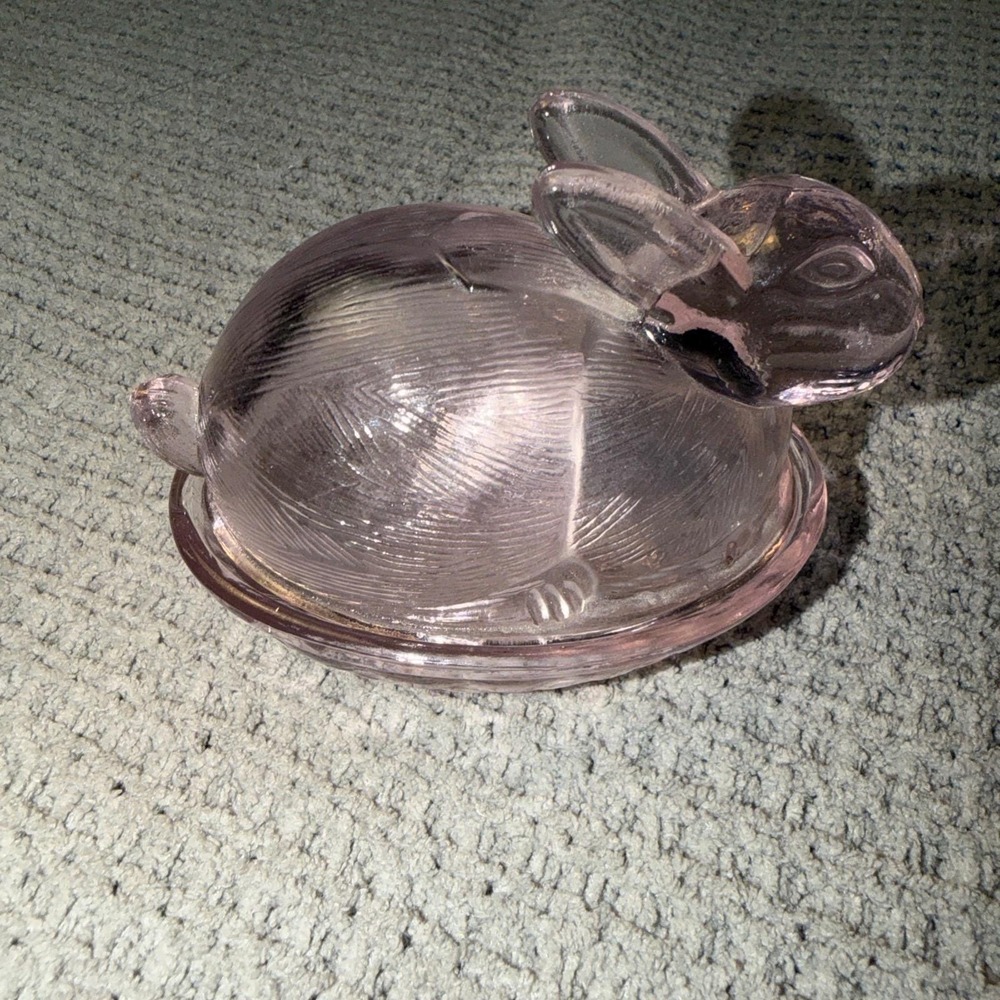 Pink Pressed Glass Bunny Rabbit Weaved Basket/Nest Trinket Candy Bowl